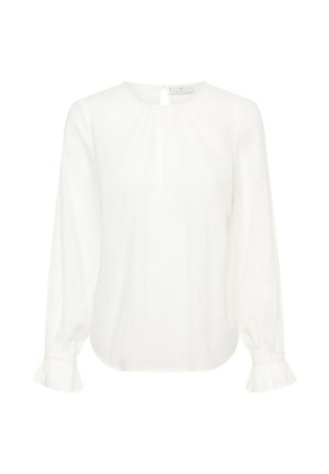 Blusa bianca a maniche lunghe con scollatura rotonda, tessuto arricciato sul davanti, polsini elasticizzati e chiusura a oblò sul retro. Texture leggera.