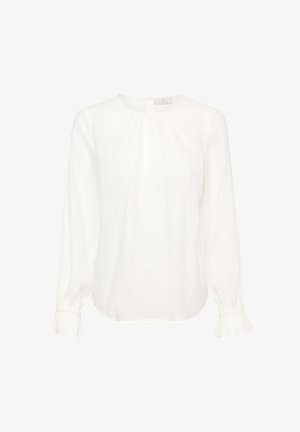 Weiße Bluse mit langen Ärmeln und rundem Ausschnitt, gerafftem Stoff an der Vorderseite, elastischen Bündchen und einer Schlüsselloch-Rückenöffnung. Leichte Textur.