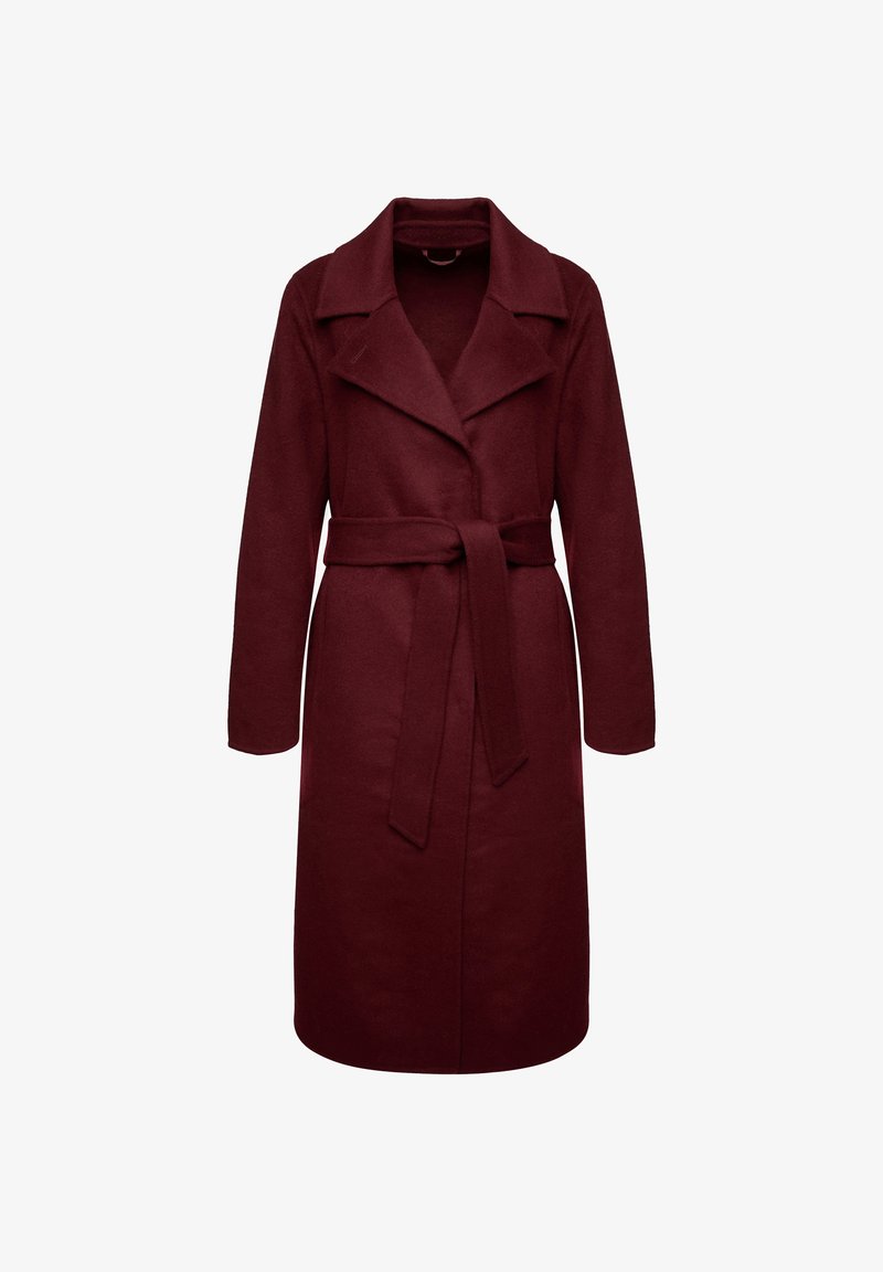 Burgunderfarbener Wollmantel mit Reverskragen, langen Ärmeln und passendem Bindegürtel. Glatte Textur, knielange Ausführung und keine sichtbaren Verschlüsse.