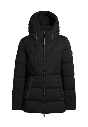 Giubbotto piumino nero con cappuccio strutturato, chiusura con zip frontale e due tasche laterali. Presenta motivi a chevron cuciti e polsini elastici.