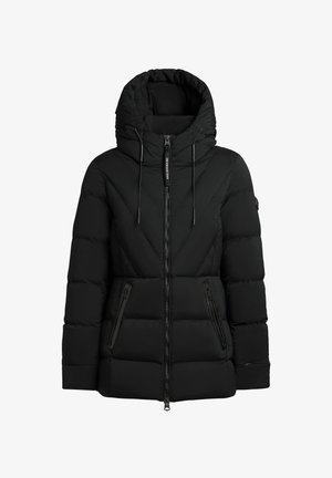 Black puffer jacket with a structured hood, zippered front, and two side pockets. Features stitched chevron patterns and elastic cuffs.