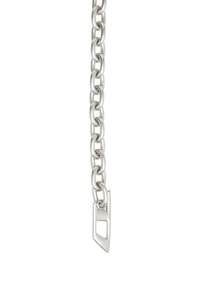 Silver metal chain featuring oval links, with a geometric tag at the end. The texture is smooth, and it has a polished finish.
