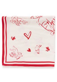 Tissu blanc avec bordure rouge présentant des croquis rouges de chérubins, de cœurs, de croissants et de petits oiseaux.