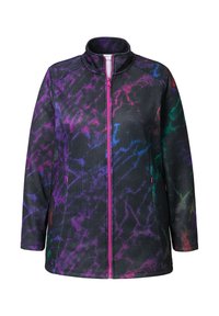 Chaqueta negra con un patrón colorido tipo tie-dye en púrpura, azul y verde. Presenta un cuello alto y cierre frontal con cremallera y detalles en rosa.