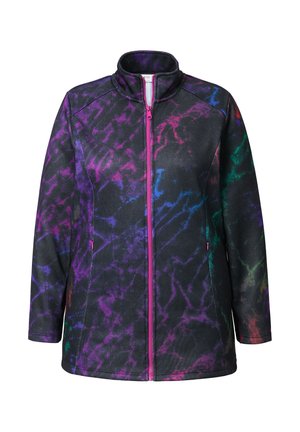 Czarna kurtka z kolorowym wzorem tie-dye w fioletowym, niebieskim i zielonym kolorze. Posiada wysoki kołnierz i przedni zamek błyskawiczny z różowymi akcentami.