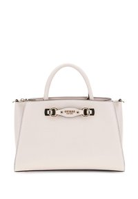 Borsa sintetica bianca con design strutturato, manici doppi, placca decorativa con logo e dettagli hardware color argento.