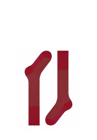 Calze rosse con un colore uniforme e sottili strisce diagonali a contrasto. Realizzate in tessuto morbido con una superficie liscia.