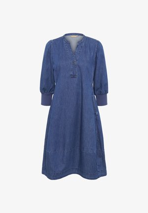 Denim jurk met een v-hals, korte pofmouwen en zijzakken. Diepblauwe kleur met een soepele textuur en een licht uitlopende vorm.