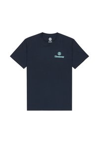Marineblaue Baumwoll-T-Shirt mit einem hellblauen Element-Logo, das auf der linken Brust gedruckt ist. Klassischer Rundhalsausschnitt und kurze Ärmel.