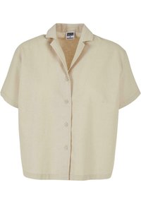 Beige kortermet skjorte laget av lett stoff, med knapplukking foran og klassisk krage, med en avslappet, firkantet passform.