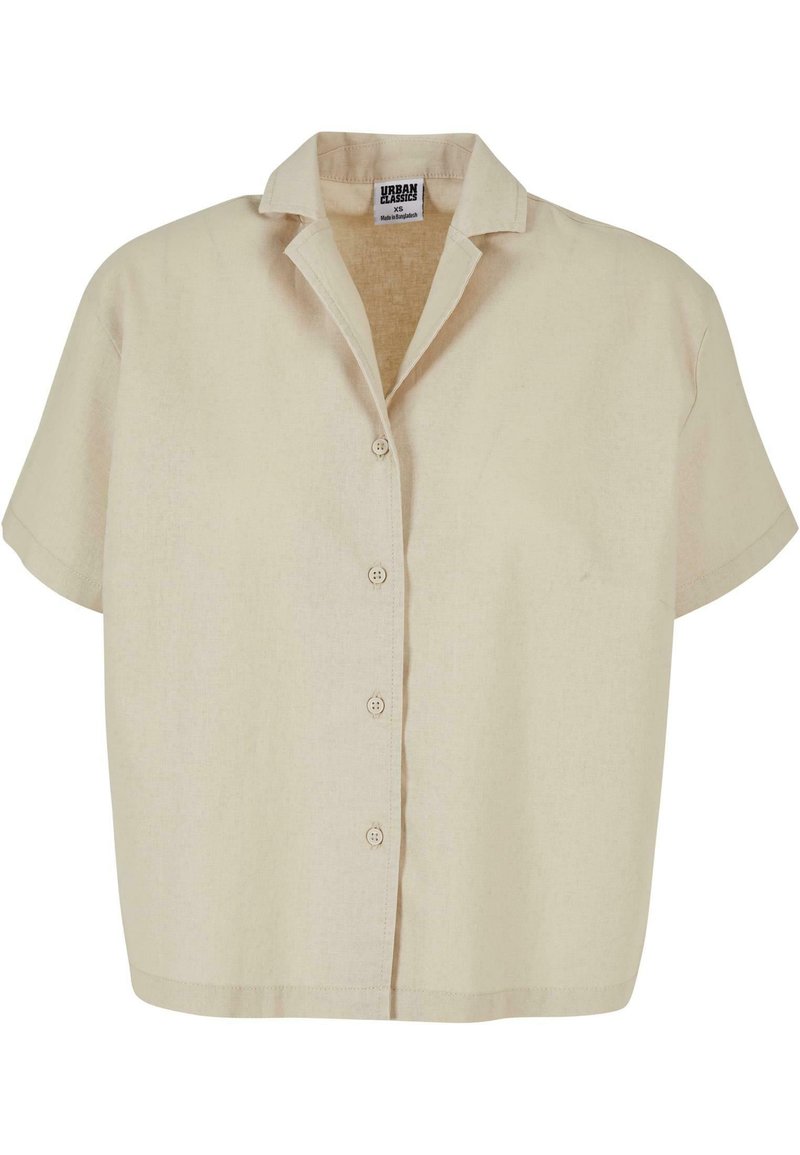 Beige kortermet skjorte laget av lett stoff, med knapplukking foran og klassisk krage, med en avslappet, firkantet passform.