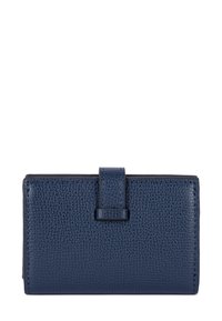 Portafoglio in pelle testurizzata blu navy con chiusura a patta e un prominente accento a pulsante; forma rettangolare con bordi cuciti.