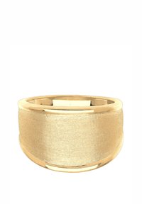Guldring med en bred, mat finish og polerede kanter. Glat tekstur med en børstet overflade på selve ringen.