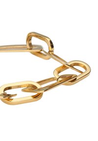 Gouden metalen ketting met een gepolijste afwerking. Kenmerkt zich door onderling verbonden langwerpige en ovale vormen, die een naadloos ontwerp benadrukken.