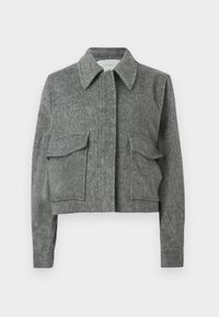Hallja hall värvi lühike jope, mis on valmistatud tekstuuritud kangast, terava kraega, kahe esise konekaga ning pikkade varrukatega. Minimalistlik disain.