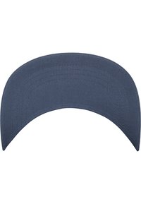 Dark blue visor with a curved shape, made of textured fabric. Features stitching along the edges, no additional hardware or logos visible.