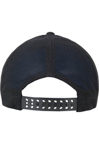 Black mesh cap featuring a structured back, adjustable plastic strap, and ventilation holes. The underside is solid blue.