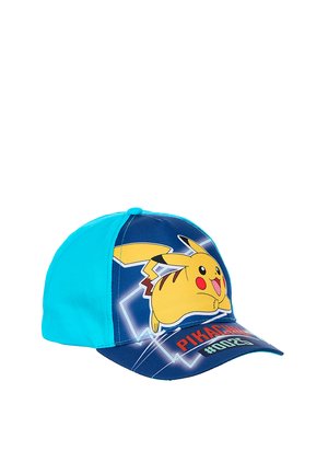 Blue and turquoise baseball cap featuring a yellow Pikachu character and text "PIKACHU #025" on the front panel and brim.