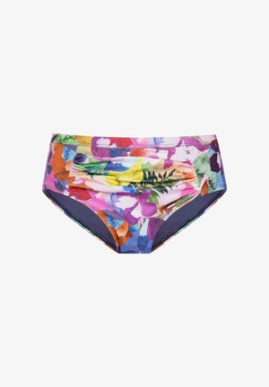 Kleurige bloemen bikini onderkant met een hoog taille ontwerp. Gemaakt van rekbaar materiaal, voorzien van levendige patronen in paars, roze en groen.
