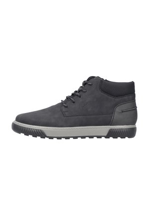 Schwarze Lederinc lächel-an Kleider mit grauer Gummisohle, runden Zehen und Schnürdesign. Verfügt über einen strukturierten Schaft und minimalistische Markenkennzeichnung an der Seite.