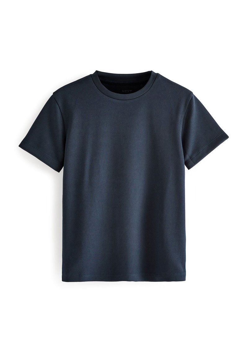 Camiseta de manga corta de color azul marino oscuro, fabricada con un tejido suave, con cuello redondo y un sutil diseño texturizado. Sin impresiones ni gráficos visibles.