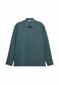 Langarmshirt in donker teal, gemaakt van een gestructureerde stof. Bevat een puntig kraag, een borstzak en zwarte knopen langs de sluiting.