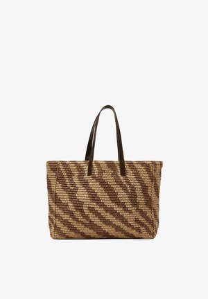 Tkaná obdĺžniková taška s hnedo-beige cik-cak vzorom a dvoma tmavohnedými koženými ramennými popruhmi.