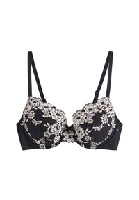 Zwart kanten beha met bloemenborduursel en gladde cups. Verstelbare bandjes, onderbedekking voor ondersteuning en lace afwerkingen.