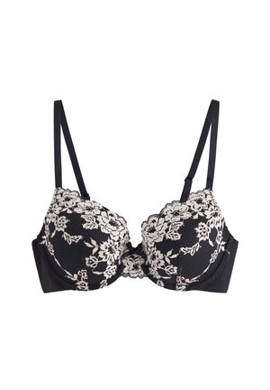 Black lace bra featuring floral embroidery and smooth cups. Adjustable straps, underwire support, and lace trim accents.