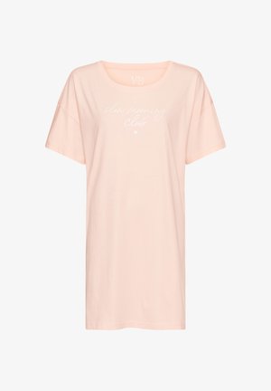 Hele roosa lühikeste varrukatega ööshirt ümmarguse kaelusega, millel on valge tekst "slow morning club" ja väikese südamekujuline sümbol teksti all.