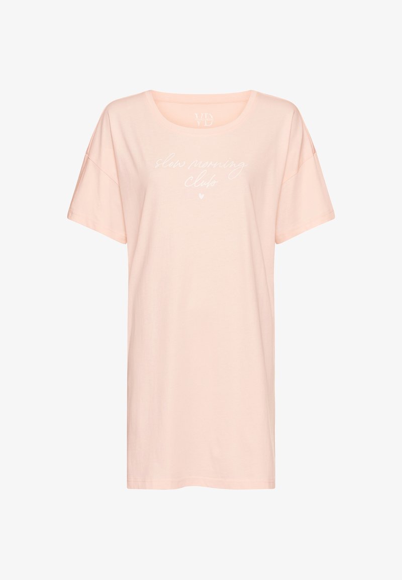 Svetloružová nočná košeľa s krátkym rukávom a okrúhlym výstrihom, na ktorej je biely nápis "slow morning club" a pod ním malá srdiečko.