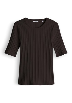 Haut noir côtelé à manches courtes avec col rond, coupe ajustée et rayures verticales texturées, taille 36, posé à plat sur fond blanc.