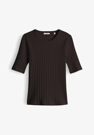 Zwart geribd topje met korte mouwen, ronde hals, slim fit en verticale gestructureerde strepen, maat 36, plat liggend op een witte achtergrond.