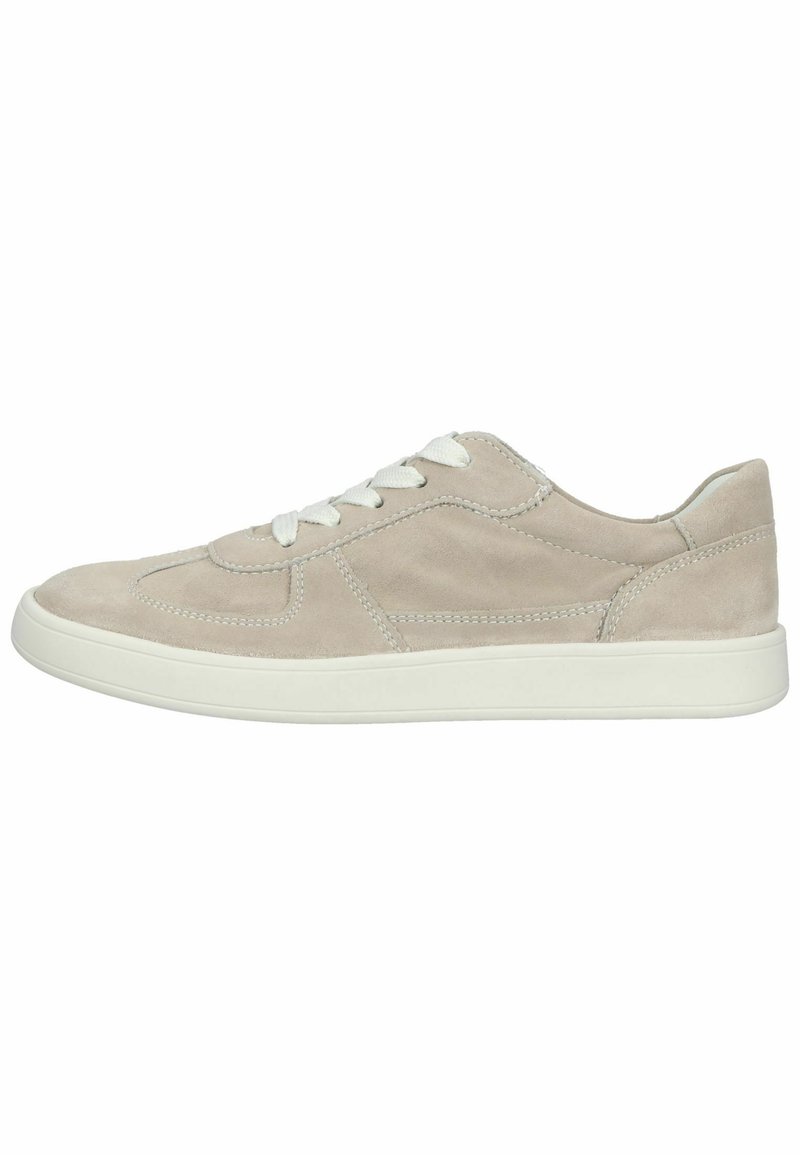 Beige Wildleder-Sneaker mit weißen Schnürsenkeln, runder Zehenpartie und kontrastierenden Nähten. Verfügt über eine gepolsterte Sohle und ein minimalistisches Design.