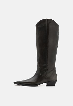 Black leather knee-high boots with a pointed toe, a low block heel, and a sleek design. The shaft has a slight curve at the top.