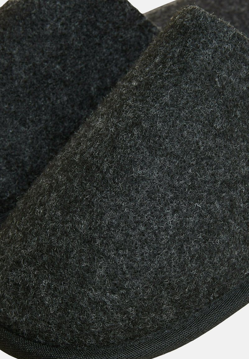 Zapatillas de lana grises con una textura suave y esponjosa. Diseño redondeado con un borde negro oscuro. Sin patrones visibles ni detalles de herrajes.