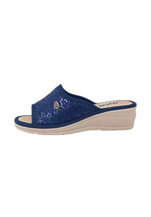 Sandali a zeppa blu con tomaia a fantasia, punta aperta e soletta imbottita. Presentano un delicato logo decorativo e un design leggero.