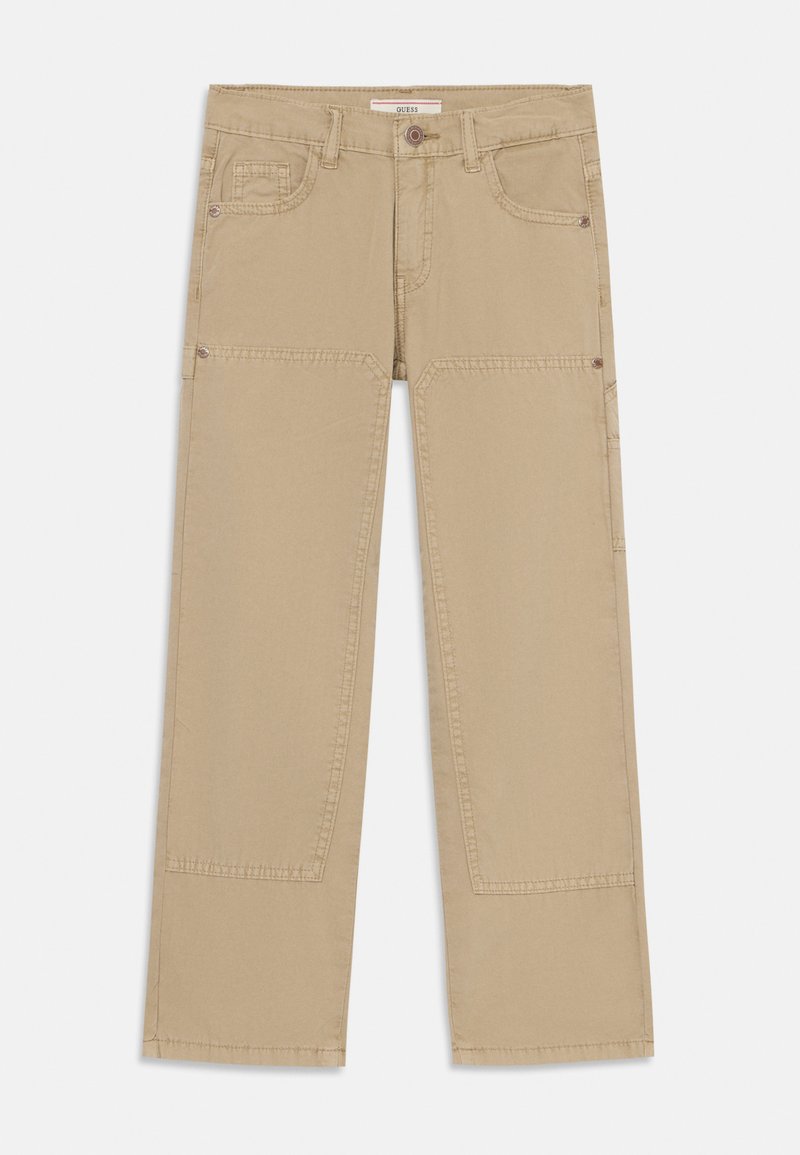 Beige chinos med rette ben, sidelommer og synlige sømdetaljer, laget av en lett bomullsblanding.