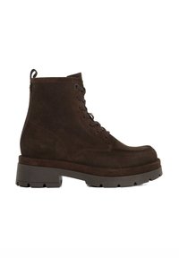 Brown suede ankle boot with a round toe, lace-up front, and chunky rubber sole. Features a stitched design and a pull tab at the back.