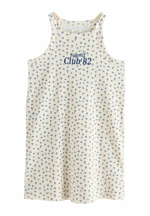 Vestido de tirantes acanalado en color crema con un patrón floral azul. Presenta un escote redondeado y texto azul "Sportif Club 82" en la parte frontal.