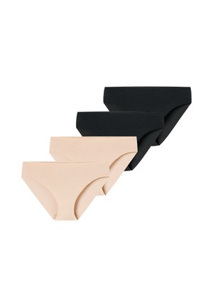 Vier hipster-stijl damesonderbroeken in beige en zwart, overlappend gerangschikt in een diagonale lijn op een witte achtergrond.