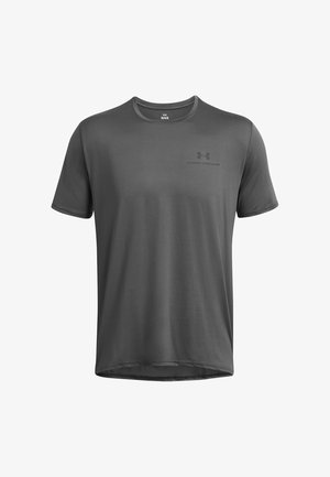 Gray short-sleeve T-shirt made from a smooth, lightweight fabric. Features a crew neck and a subtle branded logo on the chest.