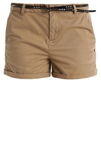 Khaki šortky z lehké látky, s přímým střihem, ohrnutým lemem a černým páskem s geometrickým vzorem.