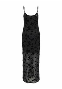 Czarna maxi sukienka z kwiatowej koronki z regulowanymi cienkimi ramiączkami i przezroczystą nakładką, o dopasowanym kroju i delikatnym wzorze kwiatowym.