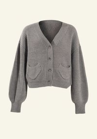 Grauer gerippter Cardigan mit V-Ausschnitt, langen Puffärmeln, zwei Fronttaschen und Knöpfen auf der Vorderseite. Strukturiertes Strickmaterial.
