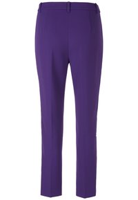 Purple tailored trousers with a smooth texture, featuring a slim fit, belt loops, and a crease down the front for a formal look.