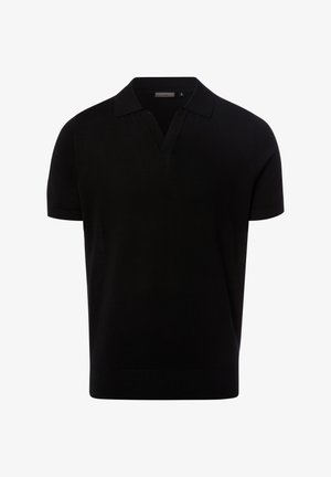 Zwart poloshirt met korte mouwen, een kraag en een V-hals, getoond tegen een effen witte achtergrond.