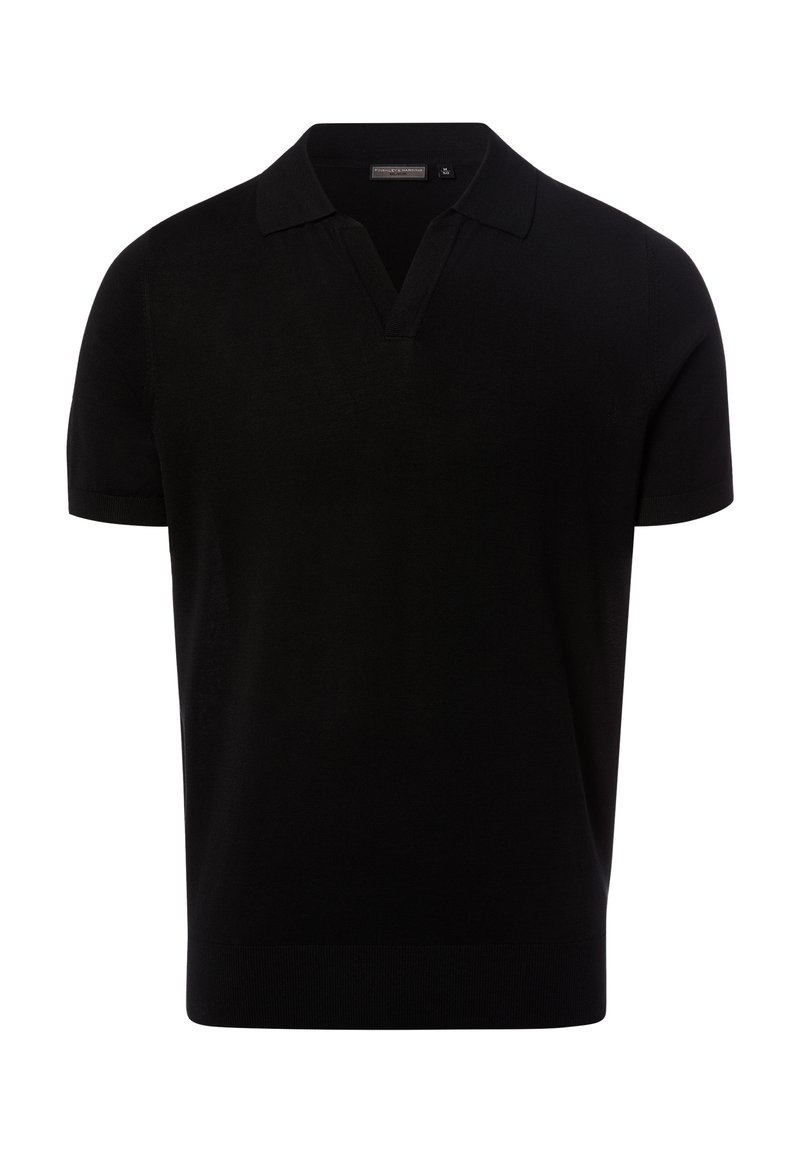 Schwarzes Polohemd mit kurzen Ärmeln, Kragen und V-Ausschnitt, dargestellt auf weißem Hintergrund.