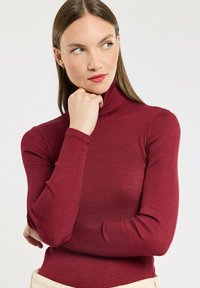 Burgunderfarbenes, geripptes Rollkragenoberteil mit langen Ärmeln, das ein enganliegendes Design und eine weiche Textur aufweist, kombiniert mit einem hellen Unterteil.