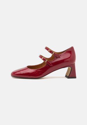 Red patent leather Mary Jane shoes with two buckle straps, pointed toe, and a chunky, angled heel. Smooth texture with slight sheen.